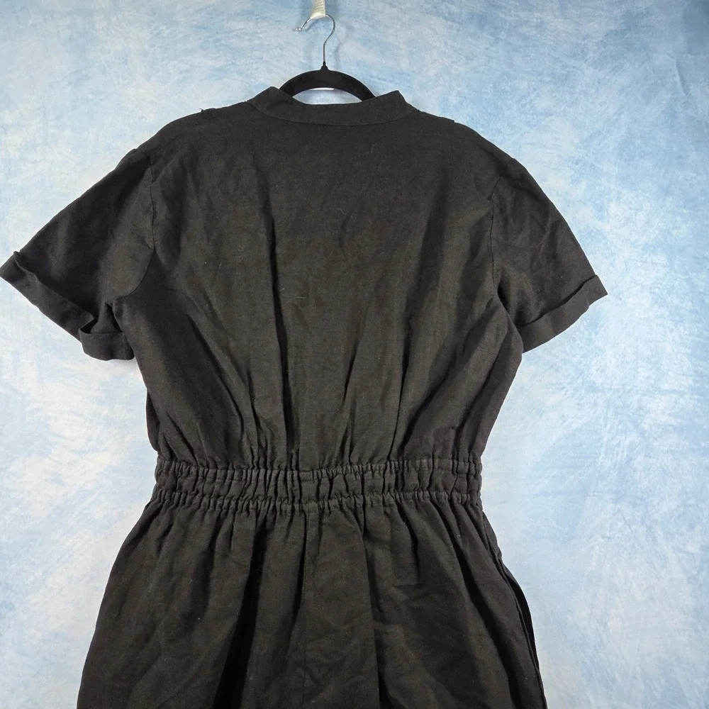 Zara Black Linen Blend Short Sleeve Button Front Drawstring Romper‎ Womens M